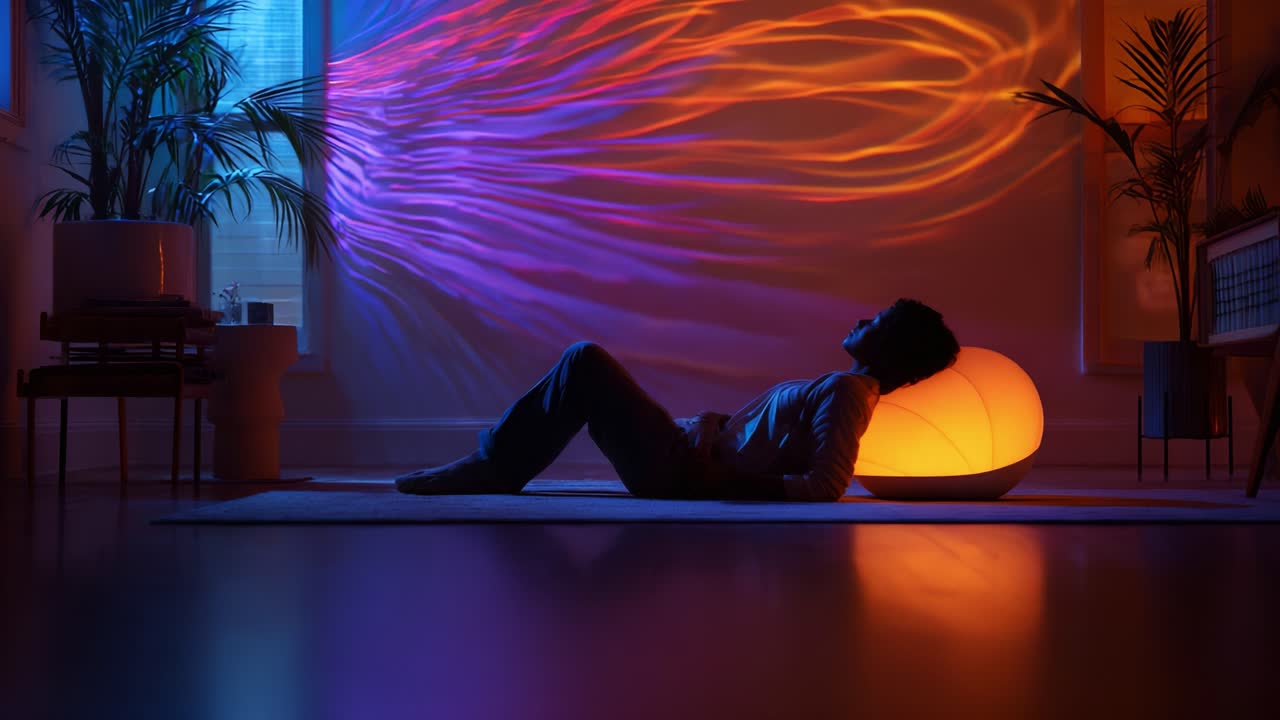 Una serata contemplativa: esplorare il relax e la serenità con delicate proiezioni di luce ambientale in un accogliente salotto