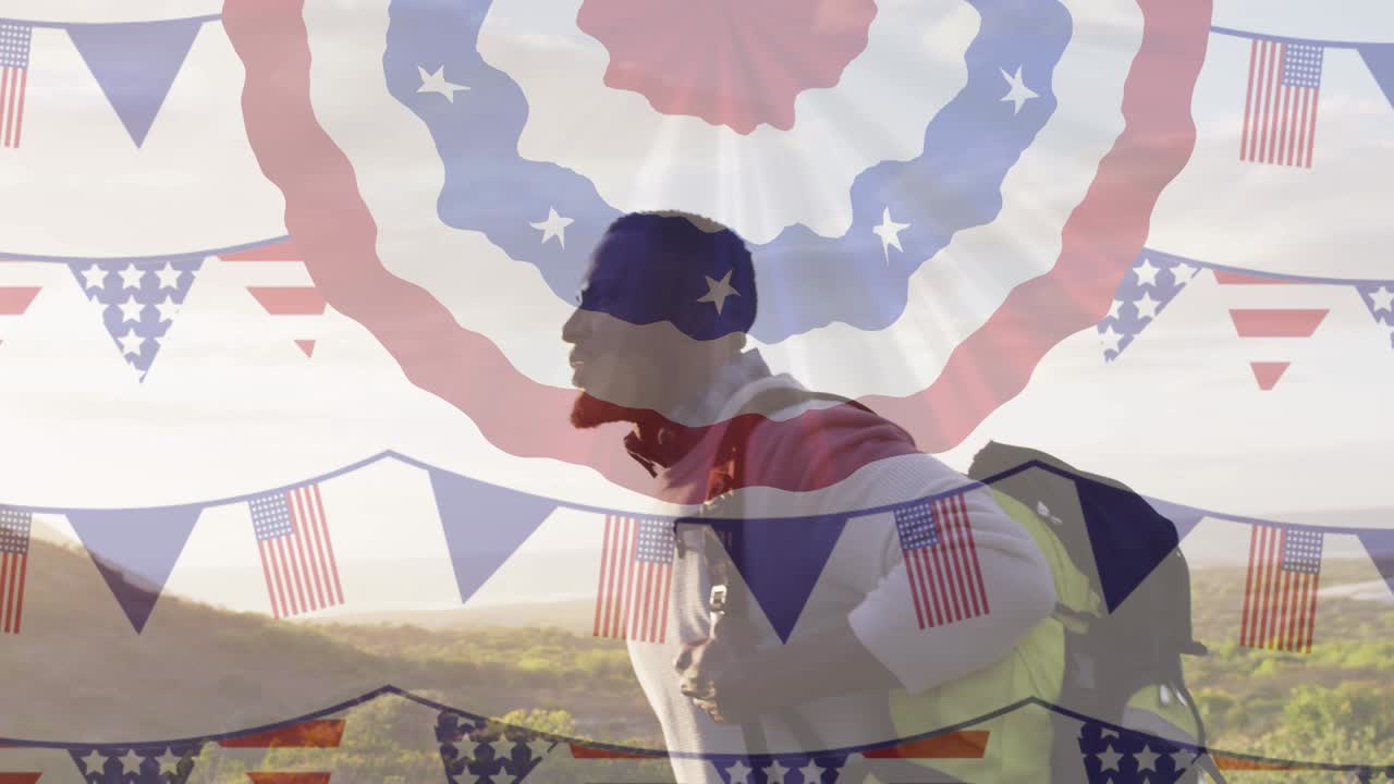 산에서 하이킹 하는 아프리카계 미국인 남성 위 에 있는 미국  ⁇ 발 의 애니메이션