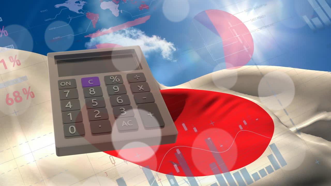 Animation of calculator and data over flag of japan