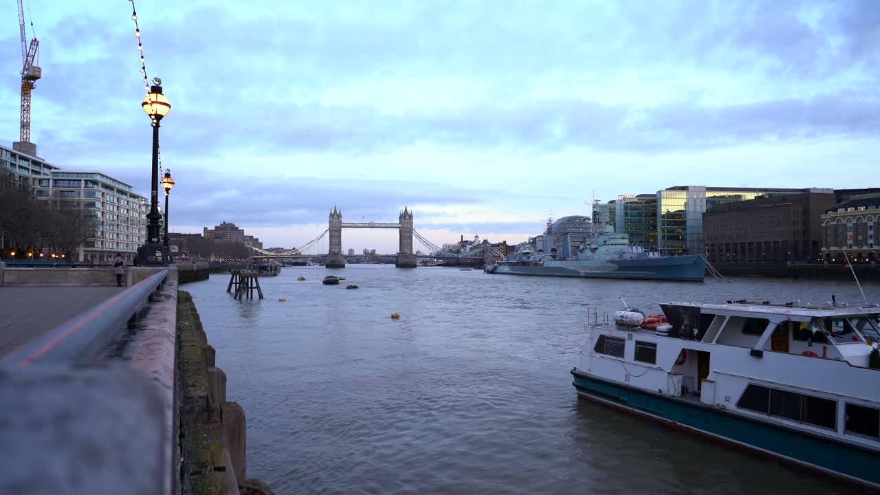 4K landscape view of London Thames river with London Tower Bridge in the background.