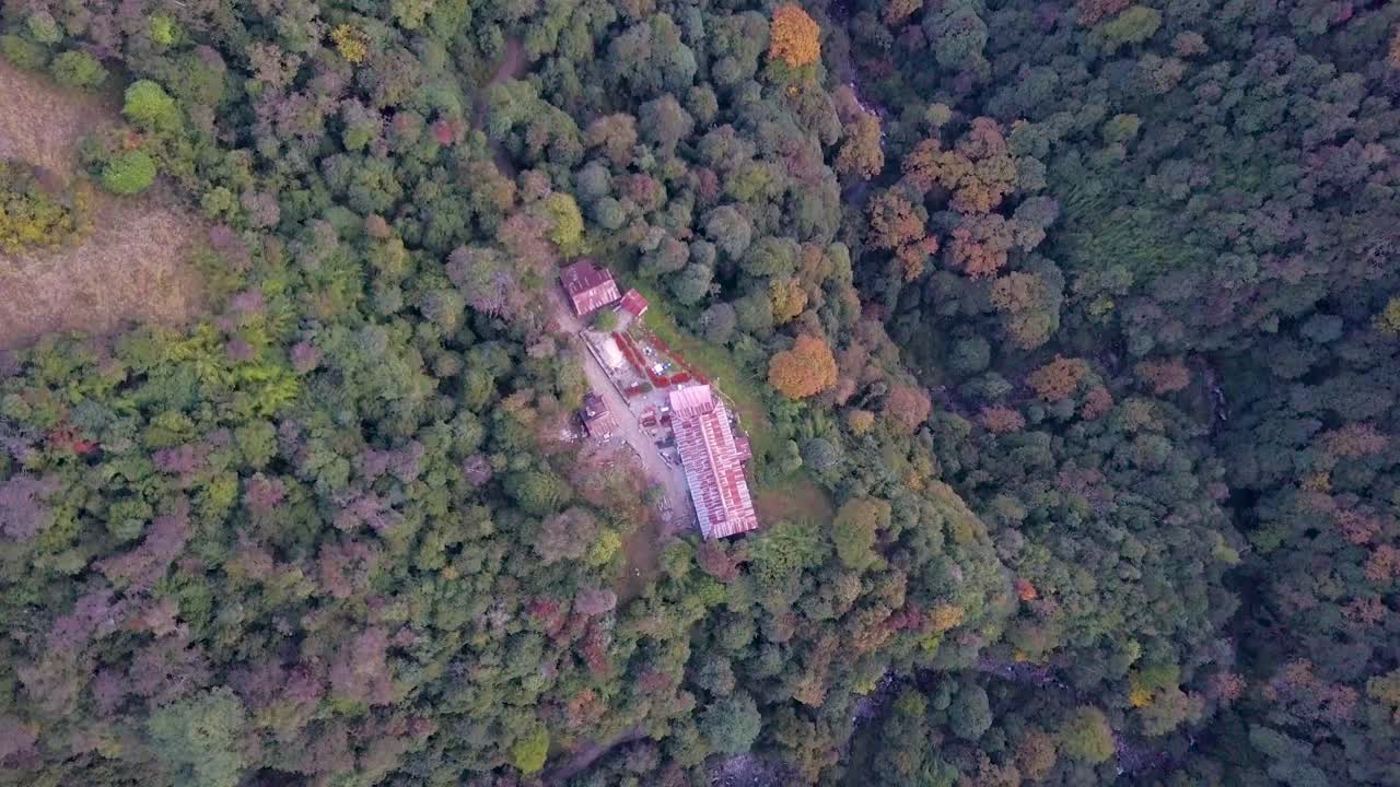 Aerial drone footage showing the dense green forest surrounding a cottage on top of Poon hill in Nepal