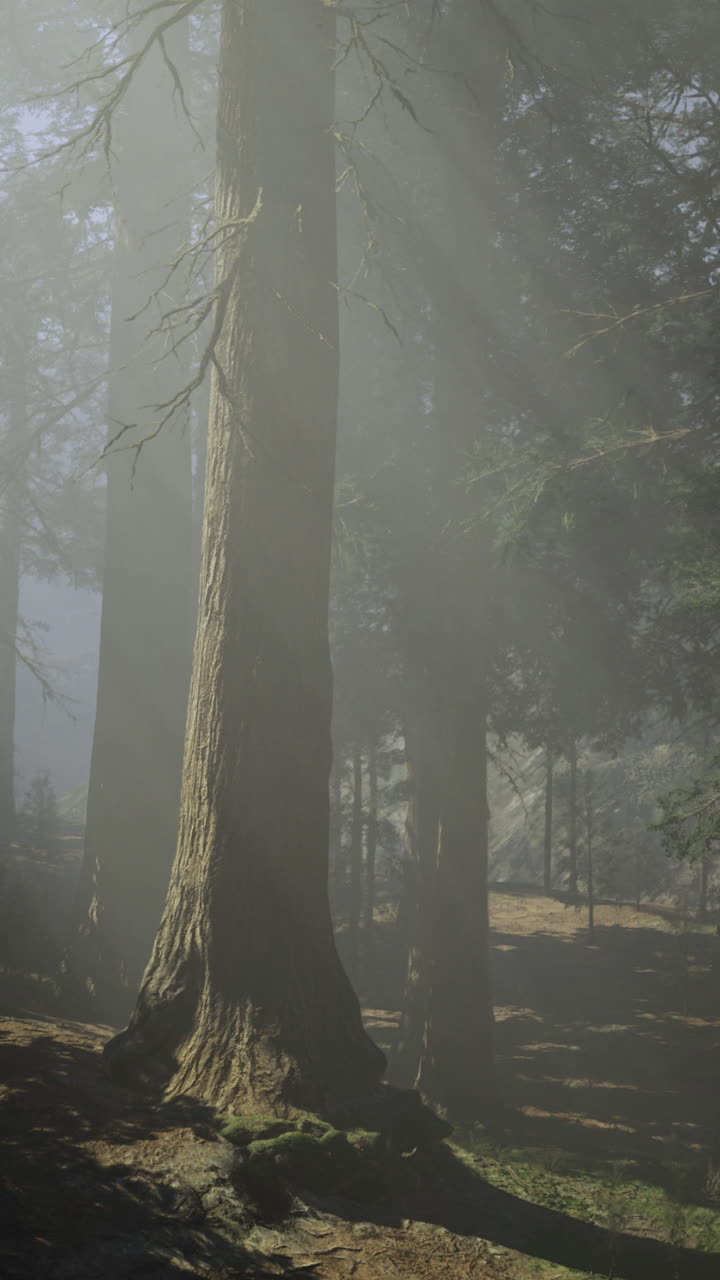 Sunlight filtering through tall trees in a serene forest environment