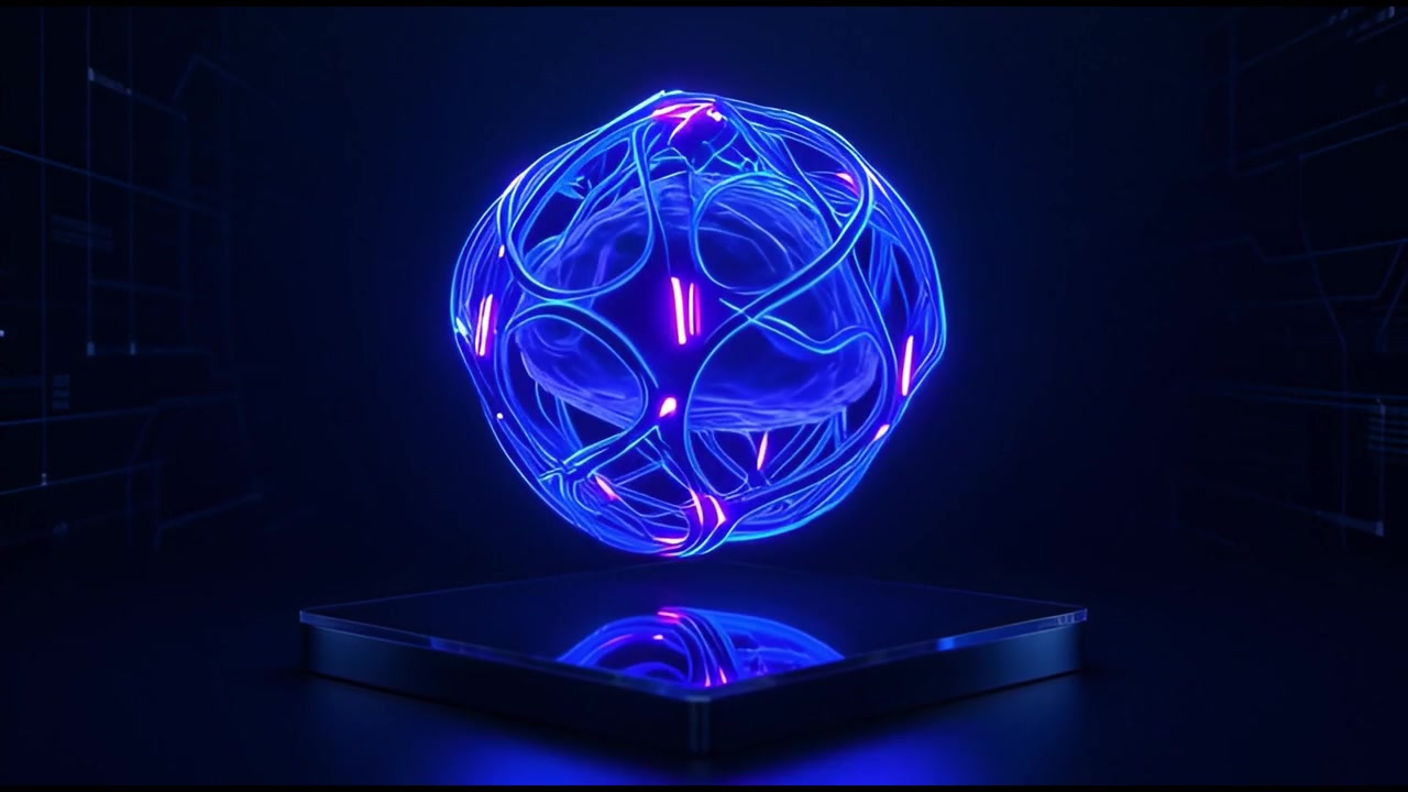 Sfera blu luminosa astratta con luci pulsanti su un piedistallo