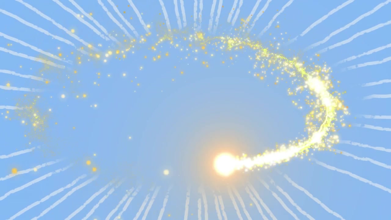 青い背景に光跡とコピースペースを重ねた、金色の流れ星のアニメーション。