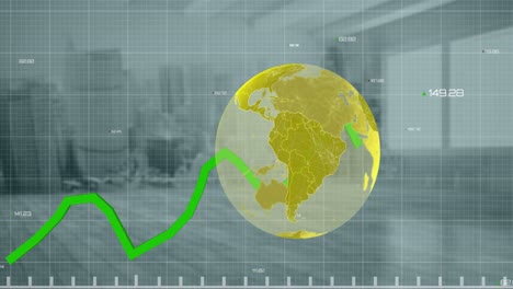 Animation-of-financial-graphs-and-globe-over-empty-hall