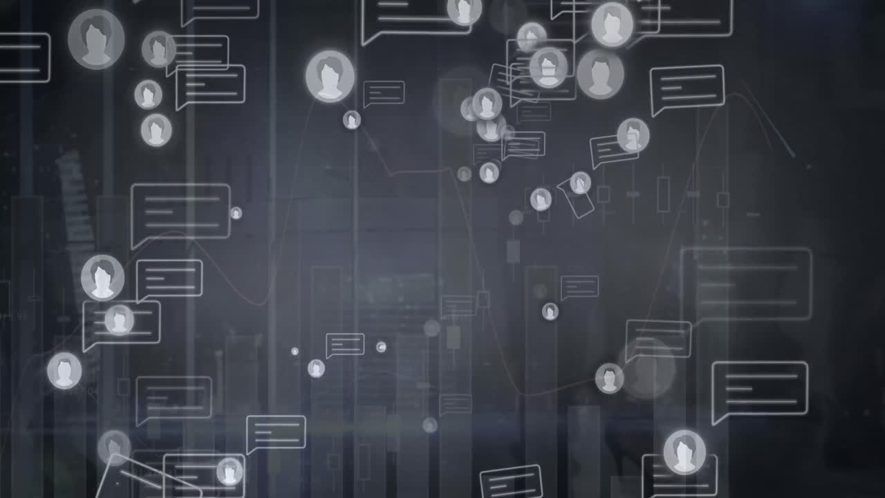 animación de iconos de redes sociales con burbujas de habla sobre el paisaje urbano.