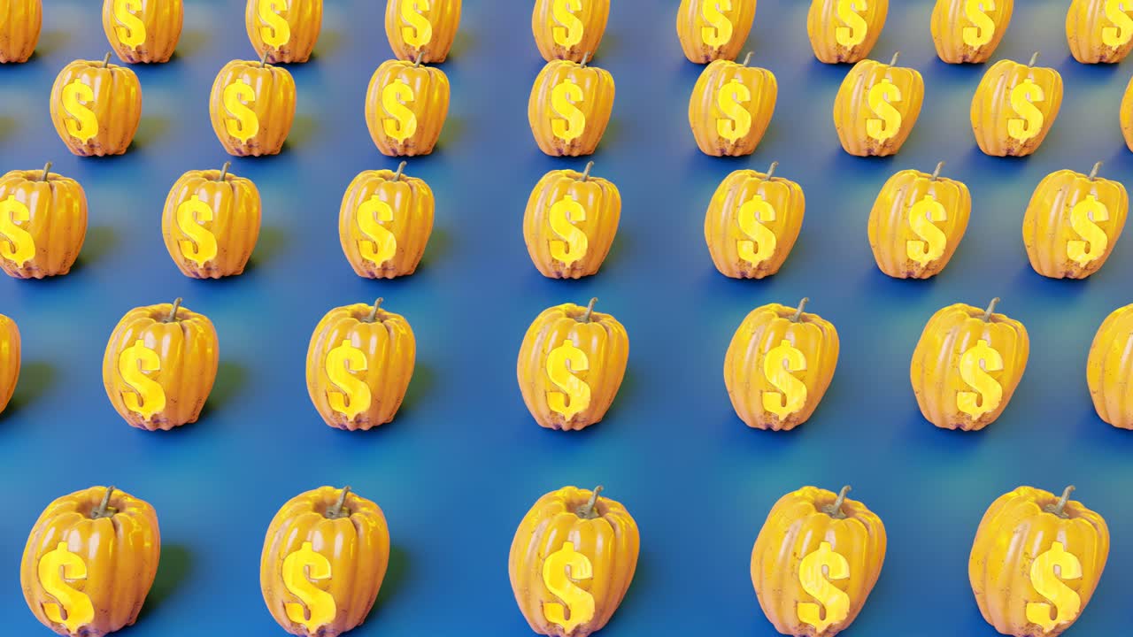 patrón de decoración de calabaza con signo de dinero en fondo azul