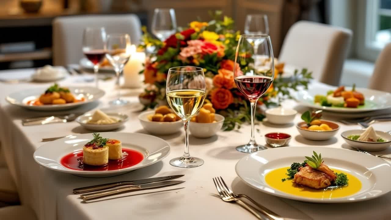 Elegant dining table beautifully arranged with gourmet dishes, fine wines, and a vibrant floral centerpiece, creating a warm and inviting atmosphere for a special occasion or celebration