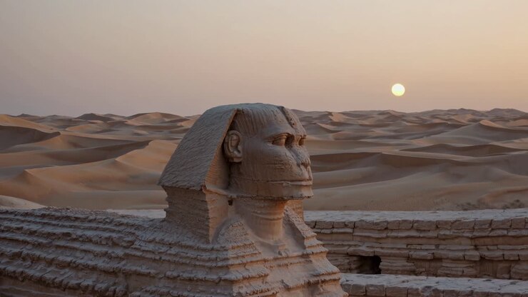 A wide-angle video shot captures the Sphinx at sunset, highlighting its grandeur against the vast
