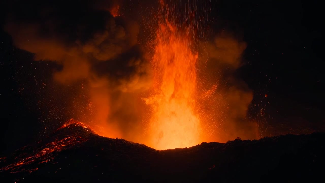 Bagliore che sale dietro il bordo del cratere, con una bocca eruttiva che scintilla e spara lava e tefra, e un flusso sul pendio sinistro di notte.