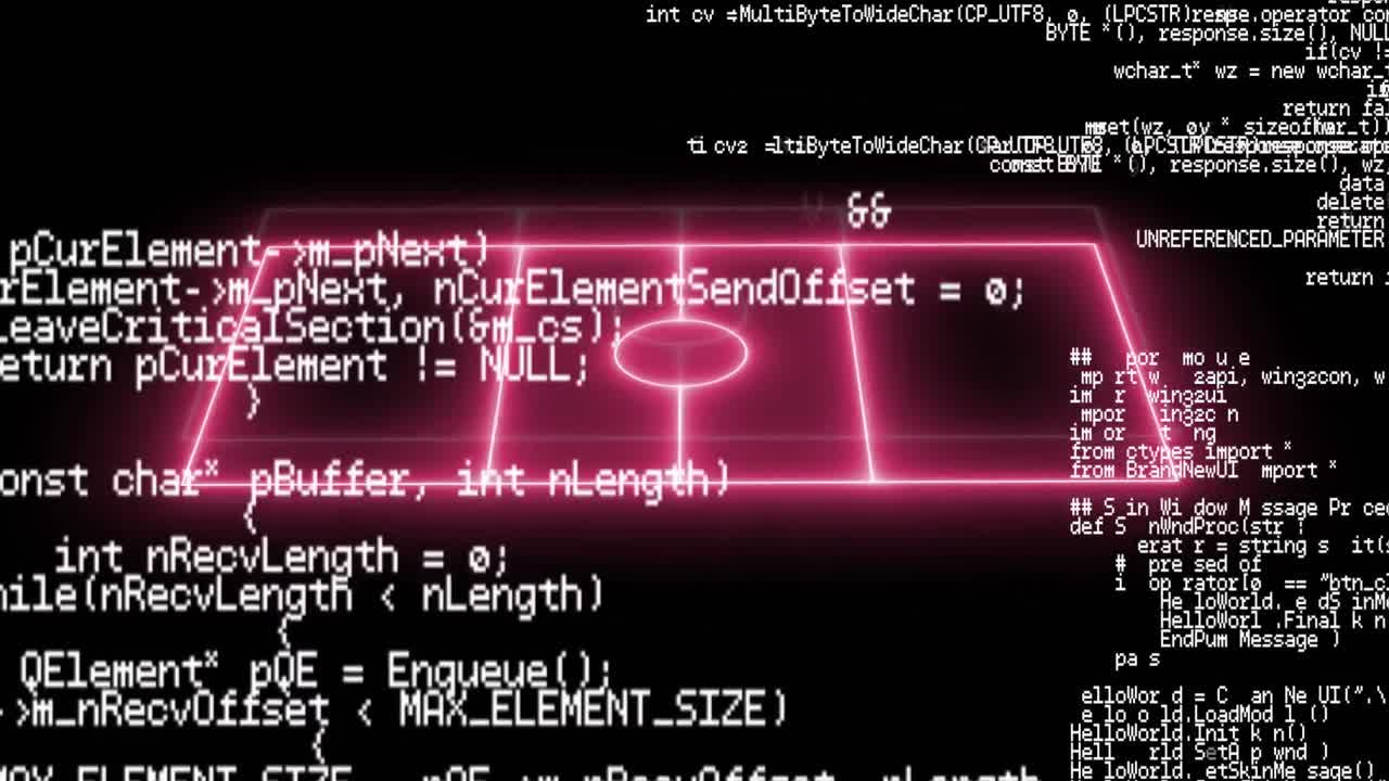 Animation of pink neon sports field and data processing