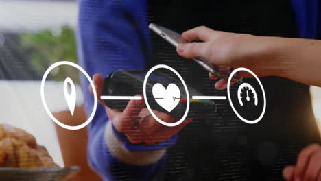 iconas de red de conexión contra la persona que paga con el teléfono inteligente