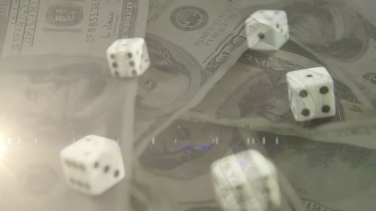 Animation af terninger faldende over roterende amerikanske dollar sedler i baggrunden