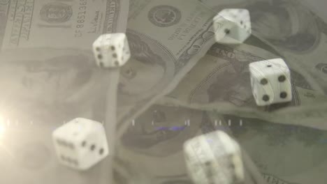 animação de dados caindo sobre notas de dólar americano girando no fundo