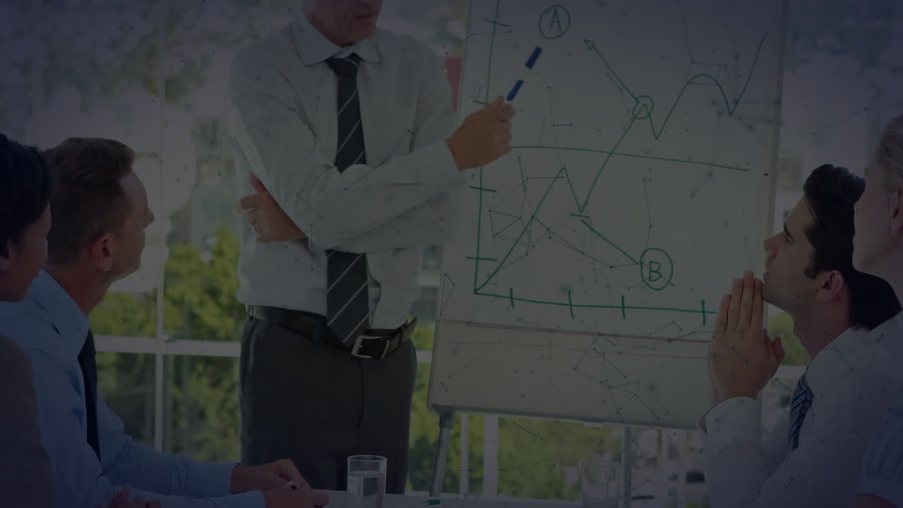 In office, people discussing presentation with network connections animation overlay