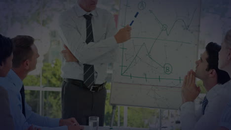 in office, people discussing presentation with network connections animation overlay