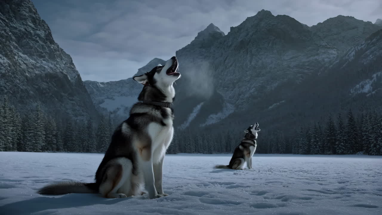Two Huskies Howling in a Snowy Mountain Landscape