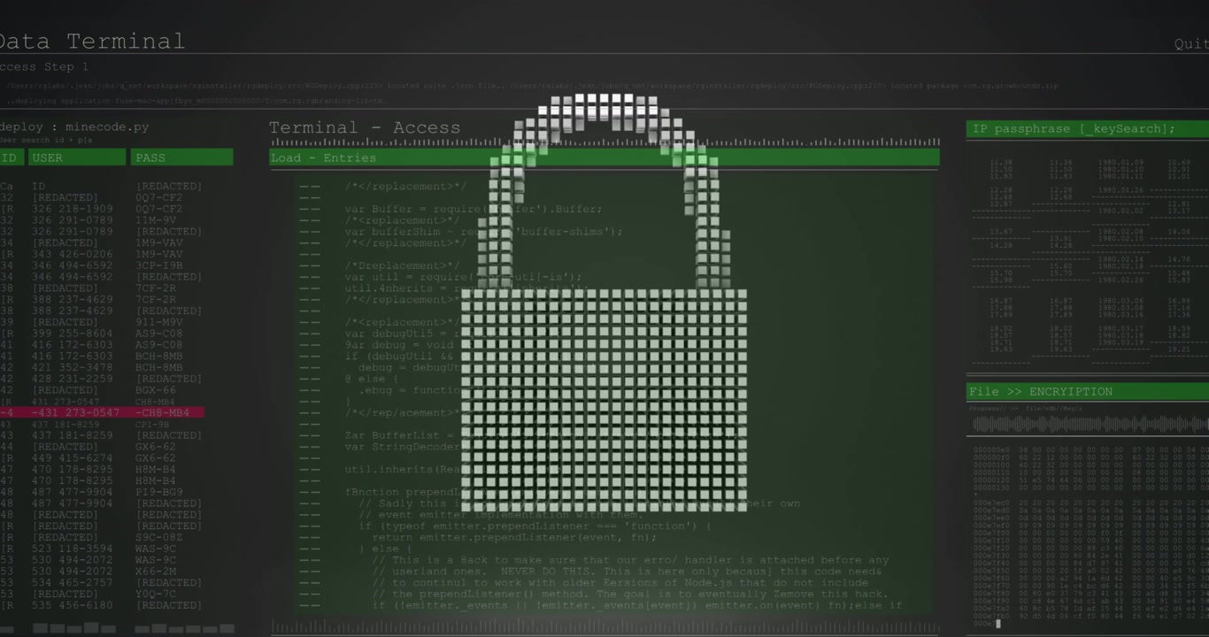 Animation of security padlock over data processing on dark background