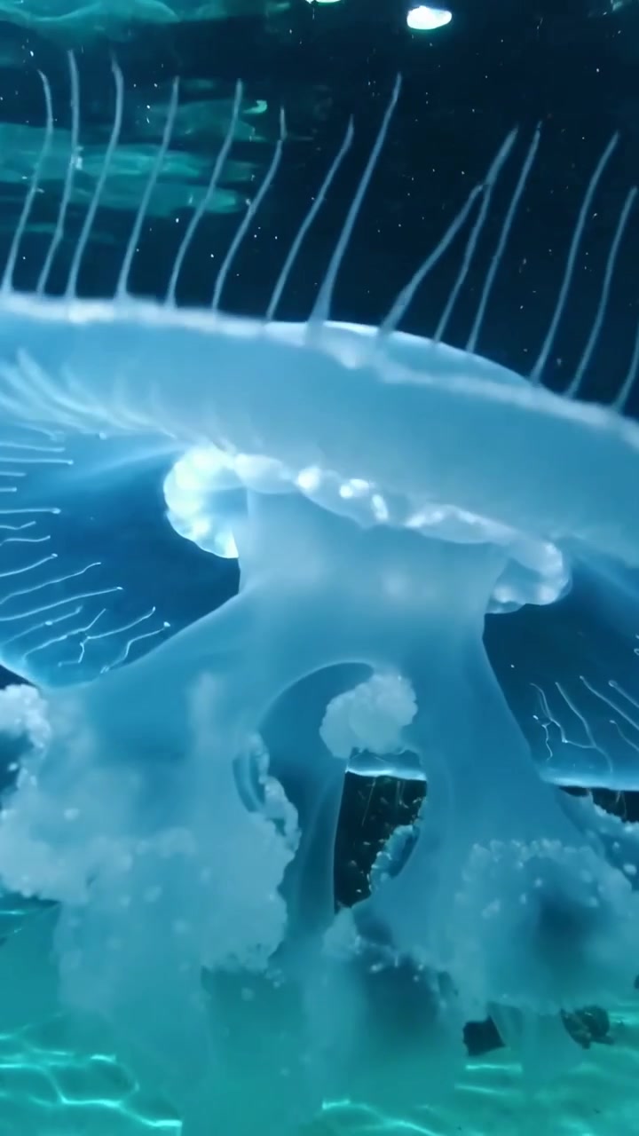 Video verticale: Medusa pulsante galleggia in un acquario, luci fanno brillare la campana e i tentacoli si trascinano.