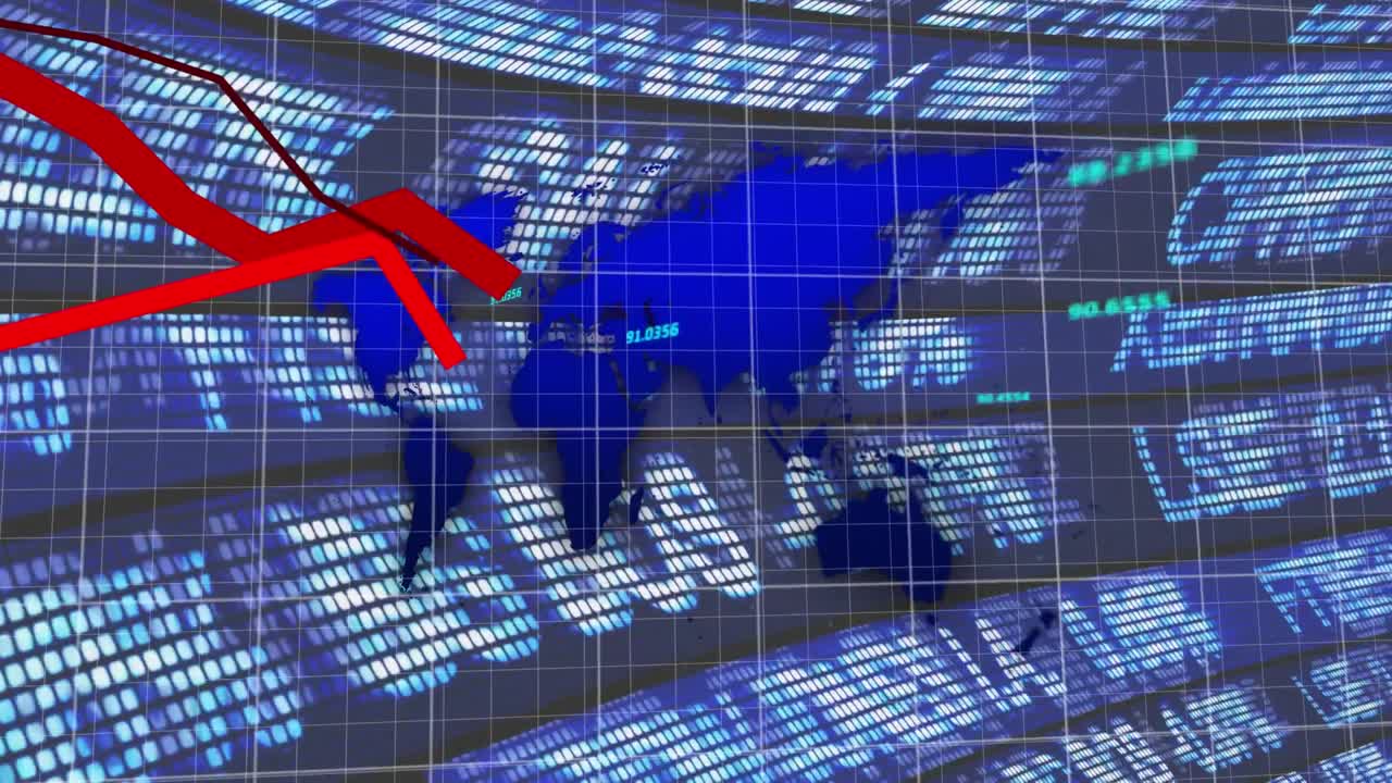 世界地図上の赤いグラフと株式市場のデータ処理