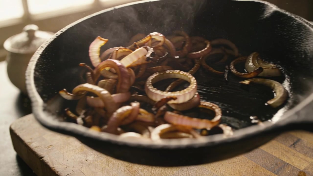 Shaking cast-iron skillet sending red onion rings tumbling for caramelizing by window, with steam