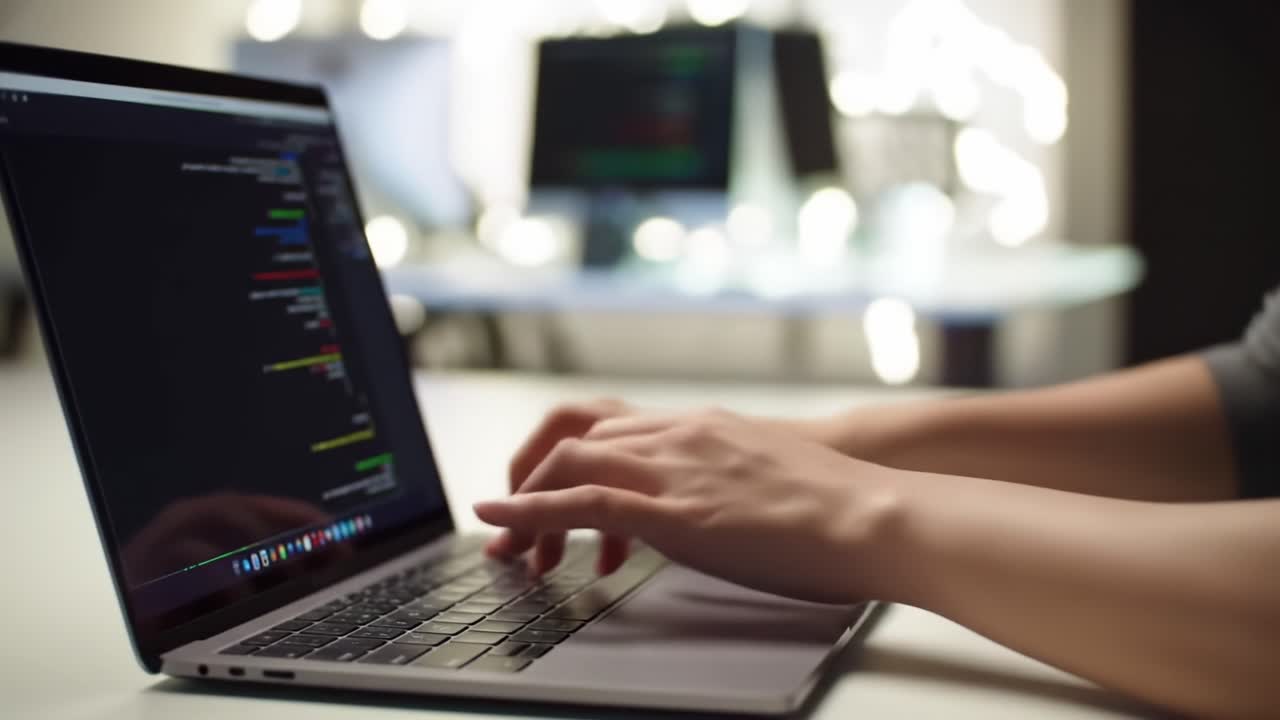 Focused Coding: A Close-Up of Hands Typing on a Laptop Surrounded by a Soft Glowing Ambience, Perfect for Highlighting the Art of Software Development and Creativity
