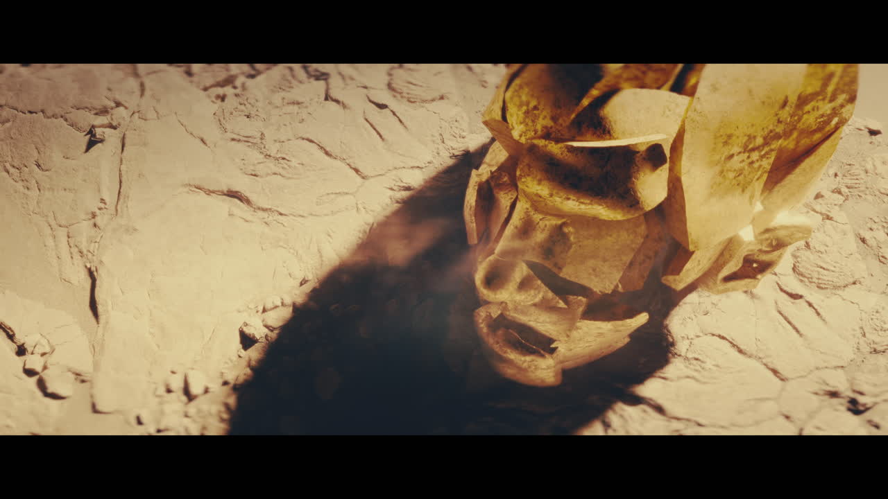 Huge golden statues in the desert during sunset