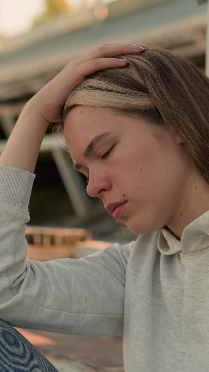 Close-up of young lady resting her head on hand, appearing asleep, with warm sunlight casting gentle glow, background features blurred trees and pole
