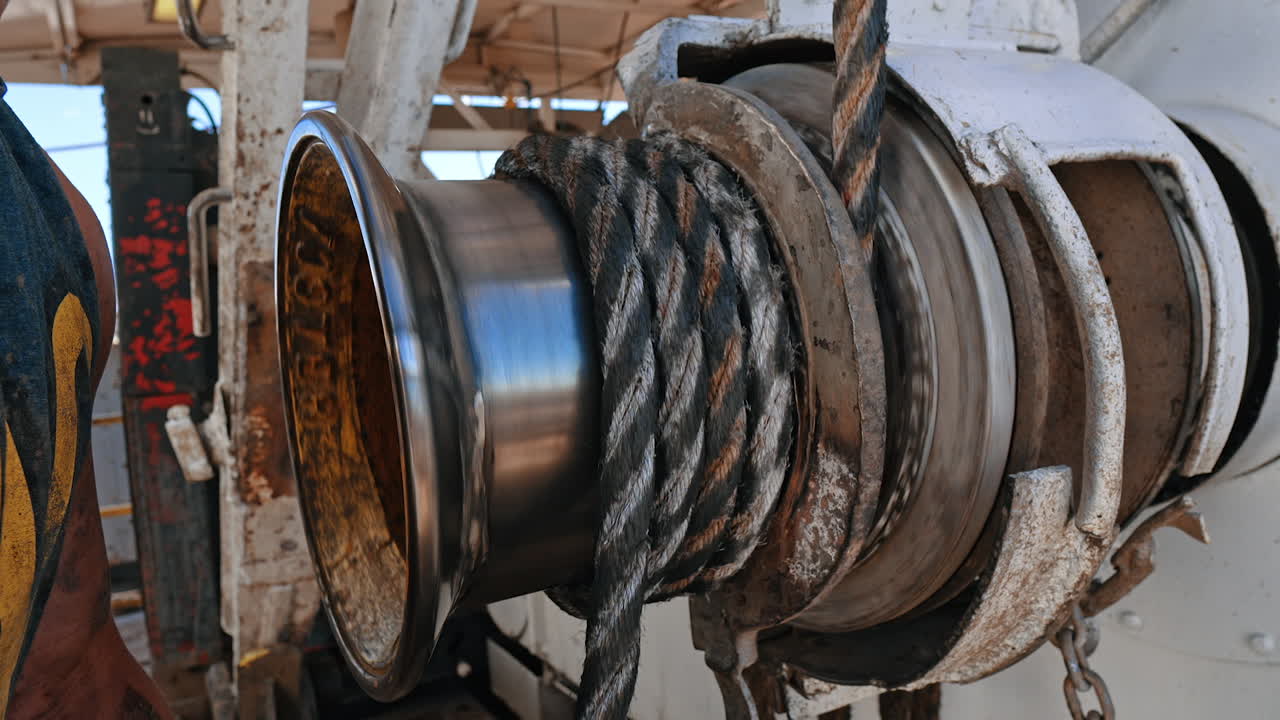 Unrecognized bearded man pulls the rope winded on the metal roller of equipment. Construction or drilling site concept.