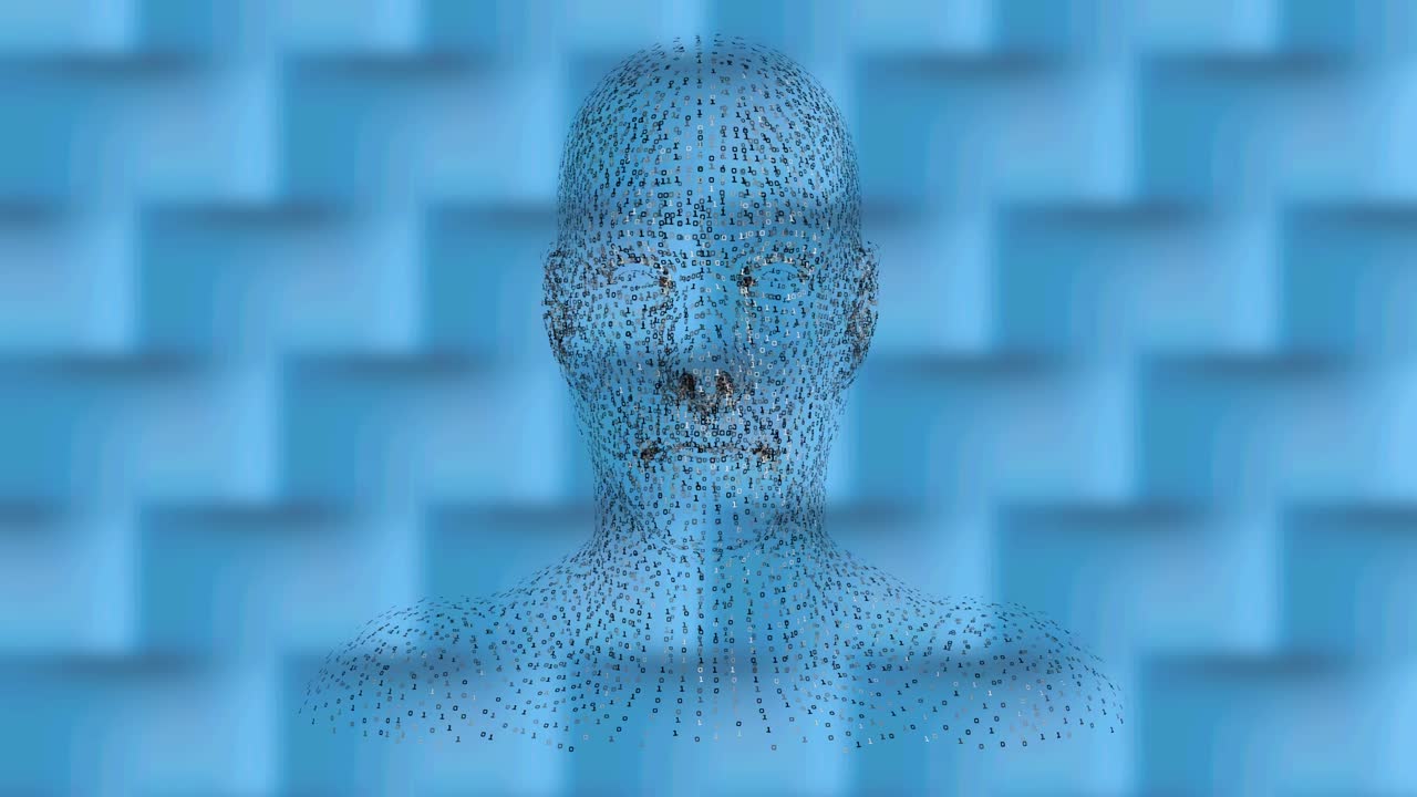 animación digital de un modelo de rostro humano girando contra un patrón texturizado sobre un fondo azul