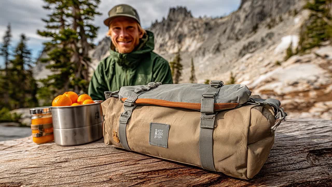 Exploring the Great Outdoors: A Traveler Enjoys a Scenic Moment with Fresh Oranges and Gear Against a Majestic Mountain Backdrop