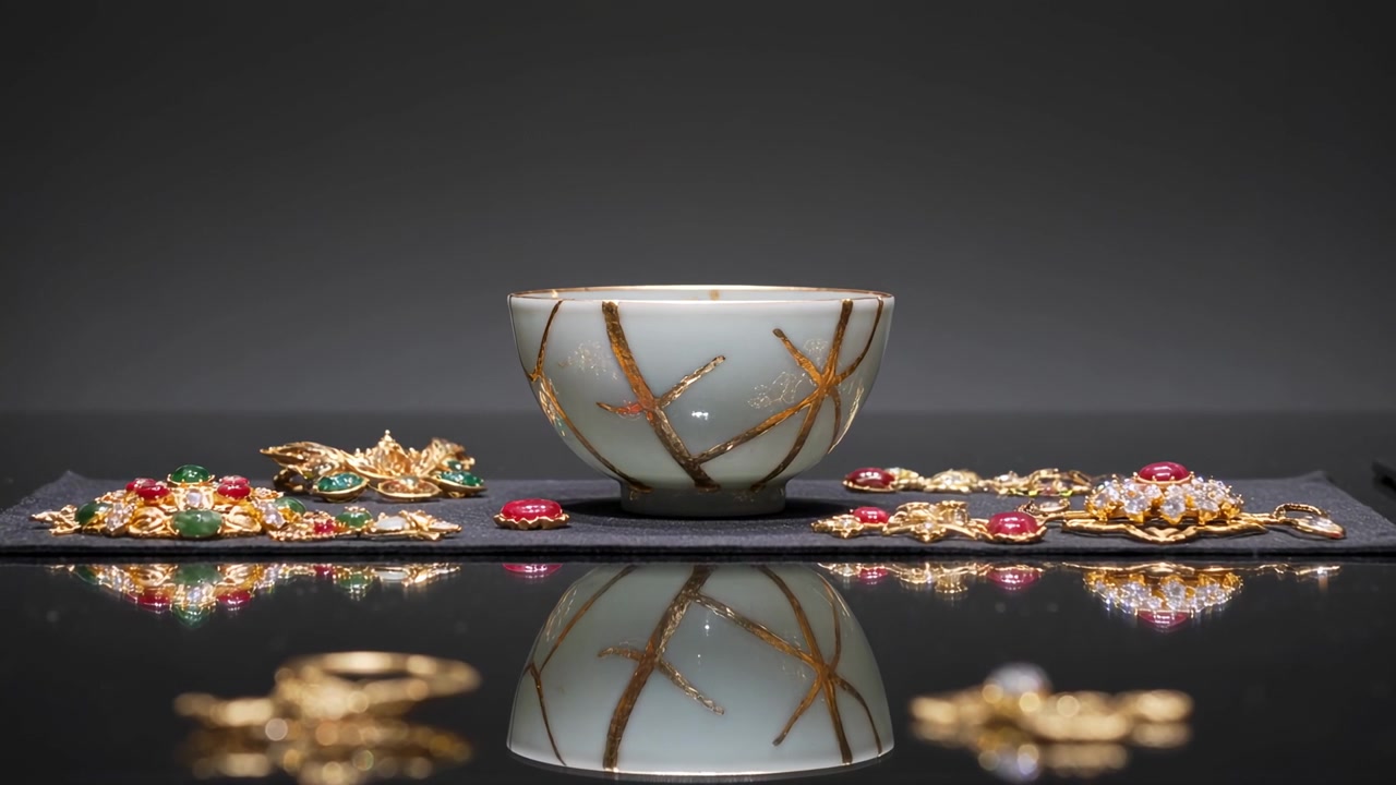 Shifting camera lens bringing focus onto pale ceramic bowl in studio, revealing kintsugi repairs