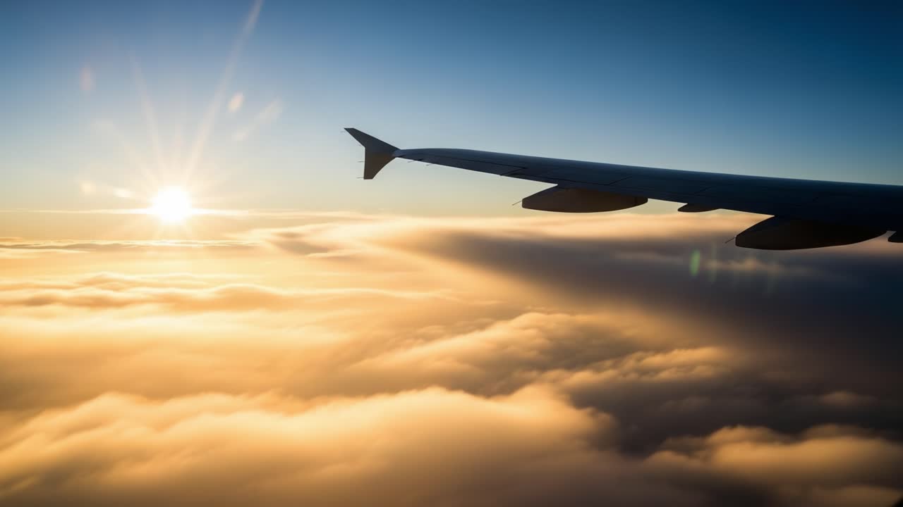 Airplane Wing Above Clouds at Sunrise or Sunset