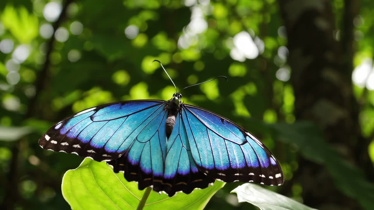 Una farfalla blu vivace che riposa su una foglia verde