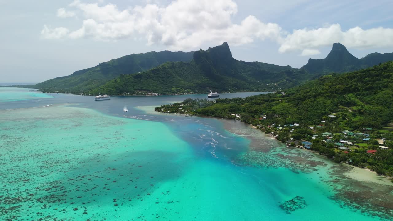 Drone flight over the coral reef of Moorea island in Tahiti