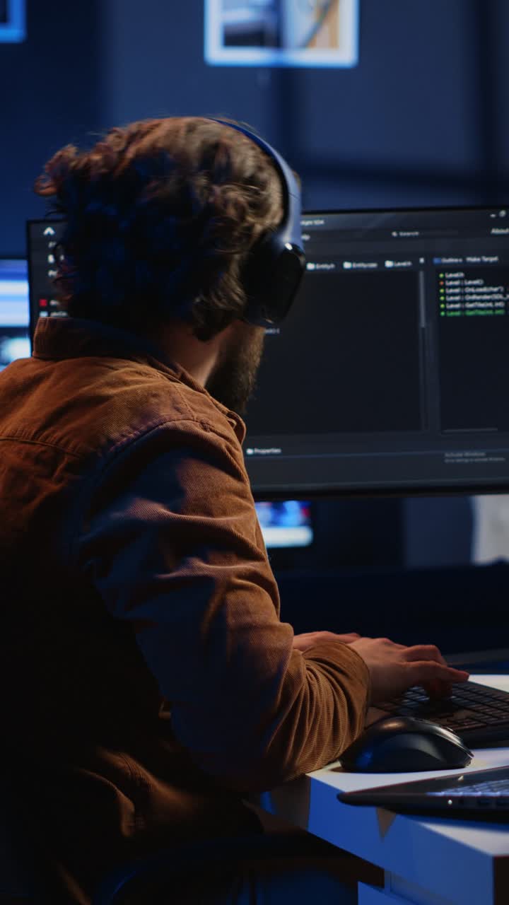 Focused Programmer Working on Computer with Headphones at Night
