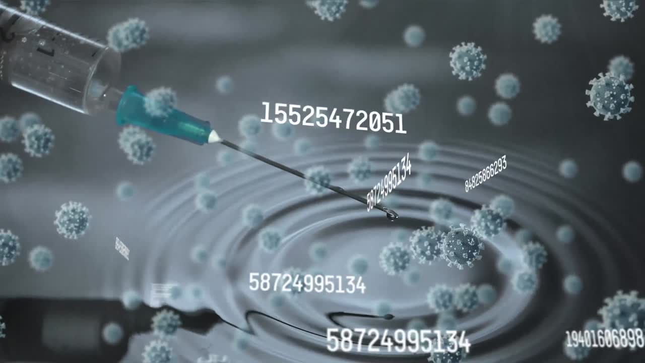 코로나19 세포 위에 떠다니는 다중 변화의 디지털 구성이 회색의 주사기에 대해 움직입니다.