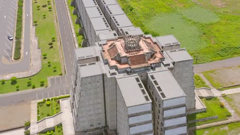 aerial birds eye shot of mausoleum named columbus lighthouse during summer day