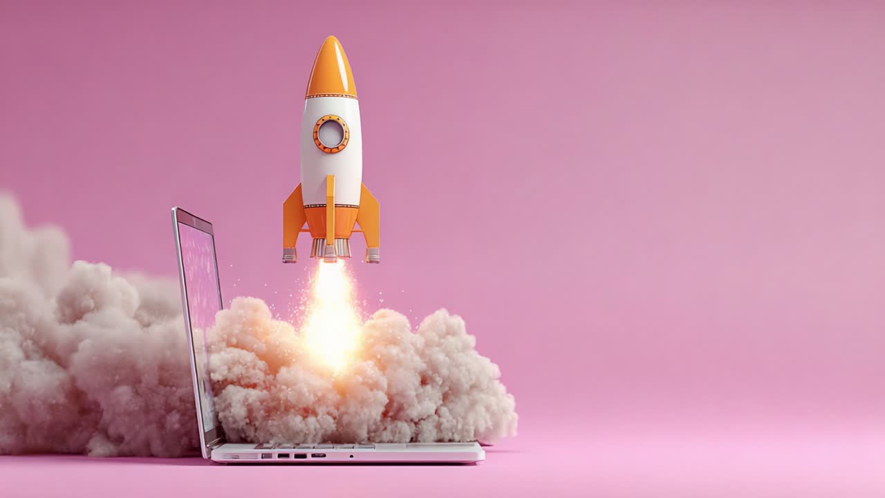 A Creative Representation of Innovation and Technology: A Rocket Launching from a Laptop in a Dreamy Pink Atmosphere Surrounded by Clouds