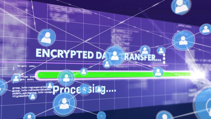 Progress bar showing encrypted data transfer, user icons floating over holographic purple grid