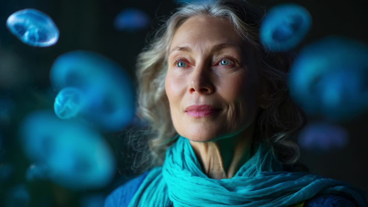 Una donna contemplativa osserva meravigliata delle meduse luminescenti che galleggiano leggiadre intorno a lei, immersa in un incantevole spettacolo acquatico che cattura la bellezza della natura ed evoca un senso di meraviglia e serenità.