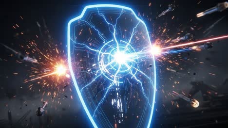 dynamic energy shield surrounded by explosions in futuristic battle scene, showcasing powerful defense amidst chaos