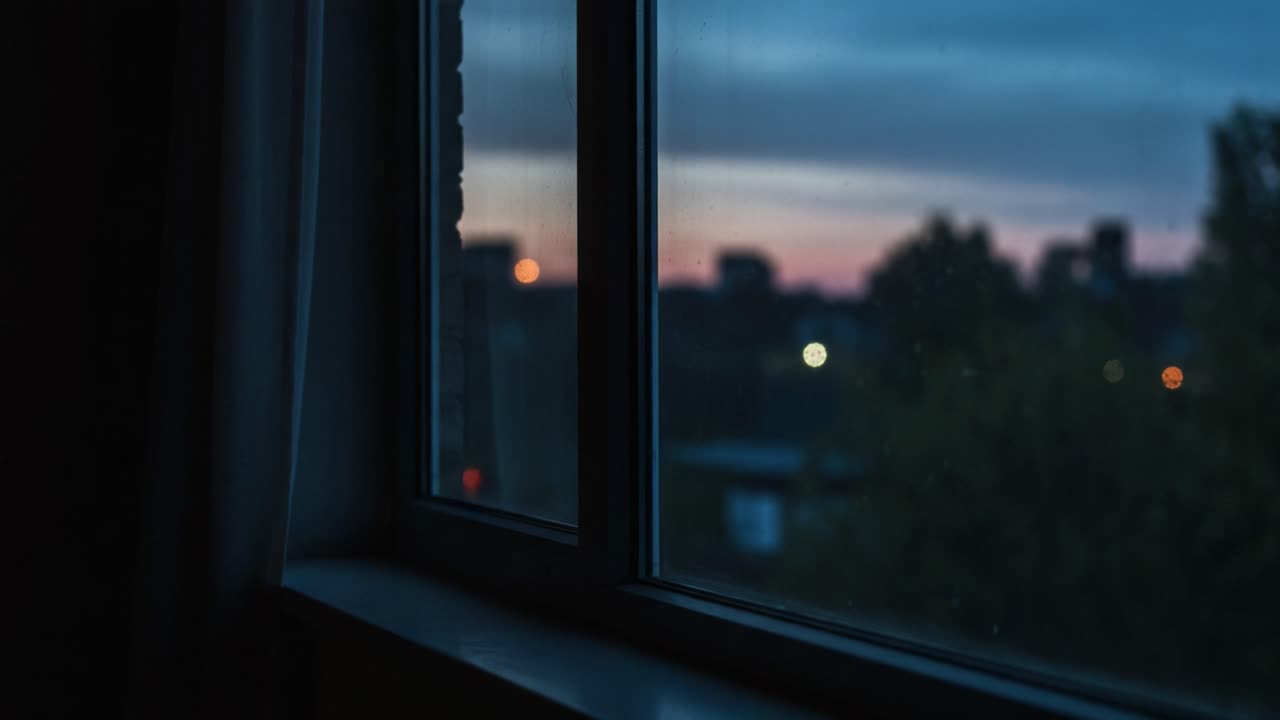 A Tranquil Evening View Through a Window Showcasing a Subtle Transition from Day to Night with a Beautiful Sunset Backdrop and City Lights Appearing