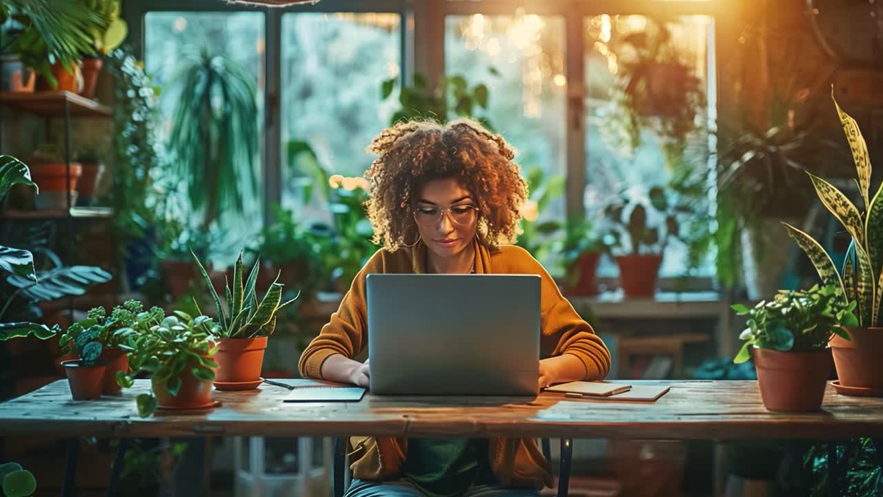 Woman Working on Laptop Surrounded by Plants