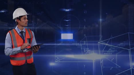 animación de ecuaciones matemáticas y túnel sobre trabajador masculino caucásico con tableta