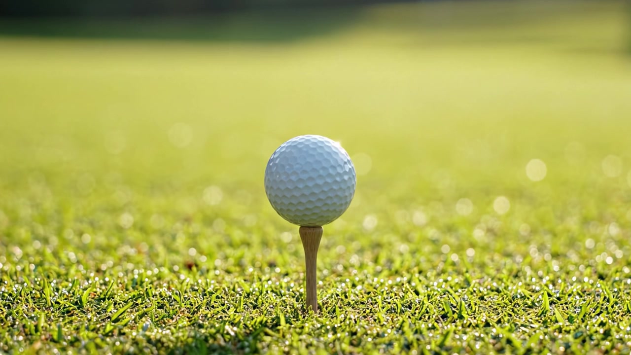Een close-up van een golftee in een weelderig groen veld met ochtenddauw, die het moment vastlegt vlak voordat een golfbal wordt gepositioneerd voor een perfecte slag op een zonnige dag.