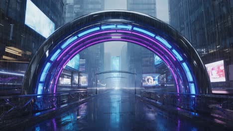 futuristic city street with neon archway at night