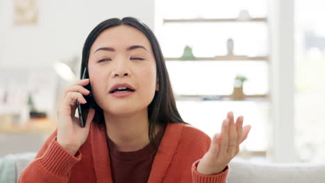 Asian-woman,-face-with-phone-call