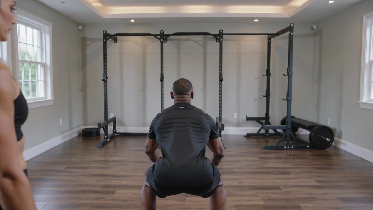Starting on trainer cue, trainee wearing black workout gear doing squats in home gym, power rack