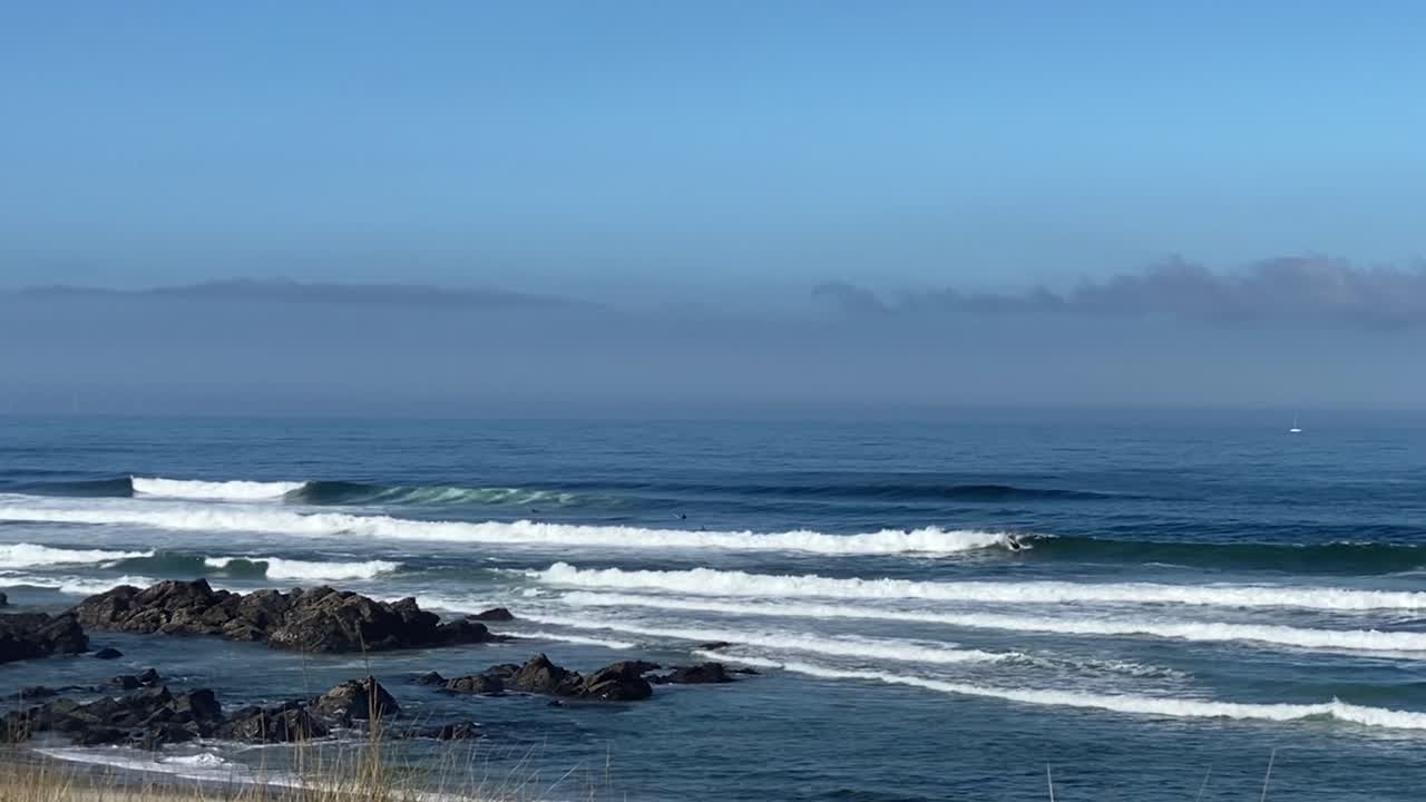 하얀 열대 모래사장에서 거품을 내며 파도타기